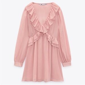 ZARA SHORT RUFFLED LONG SLEEVE SHEER DRESS SMALL NWT